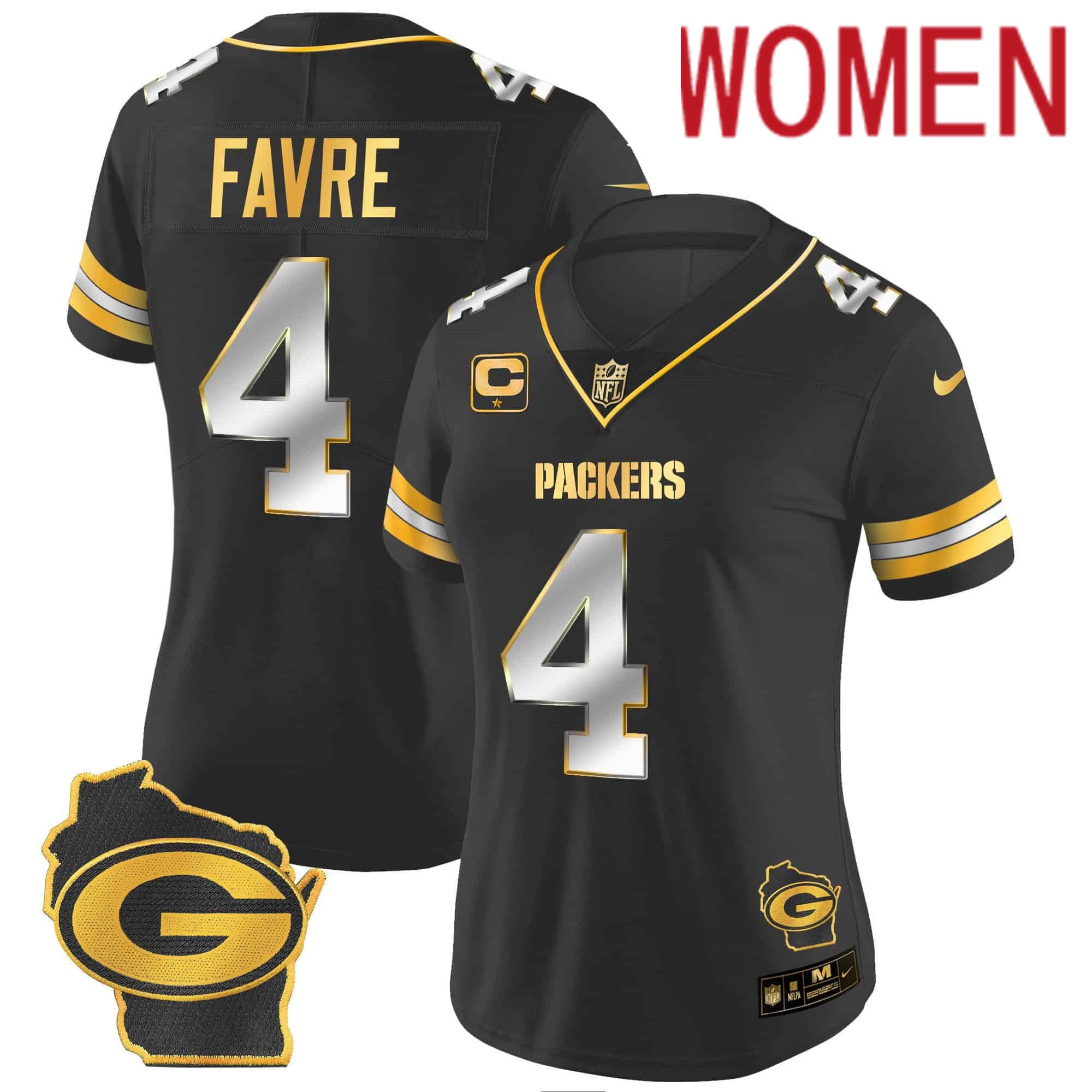 Women Green Bay Packers #4 Favre Black Gold 2024 Nike Home Patch Vapor NFL Jersey style 1->women nfl jersey->Women Jersey